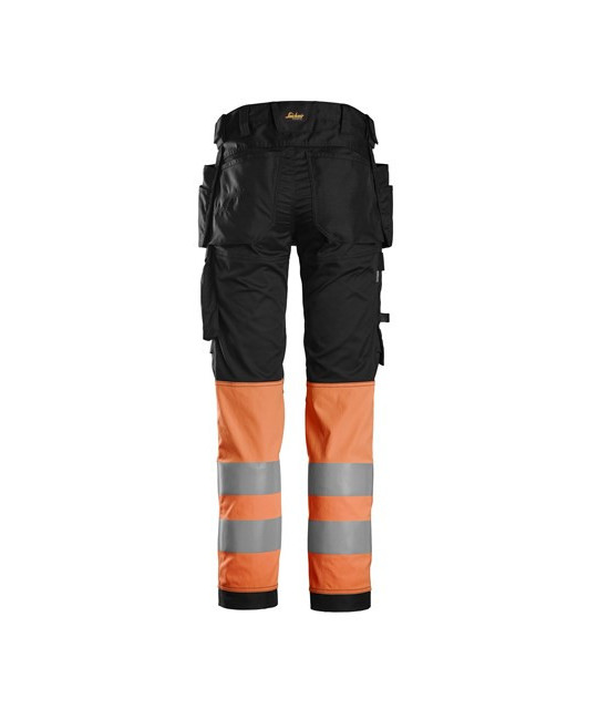 High-visibility trousers with stretch and holster pockets, class 1