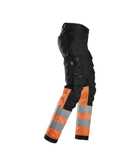 High-visibility trousers with stretch and holster pockets, class 1