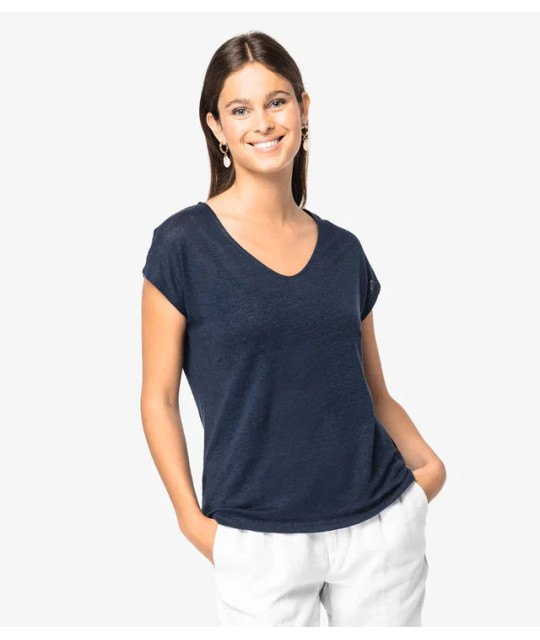SPASSO Ladies' V-neck Linen T-shirt | ADT Tryck