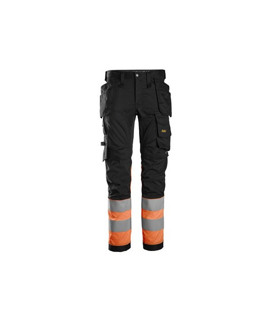 High-visibility trousers with stretch and holster pockets, class 1